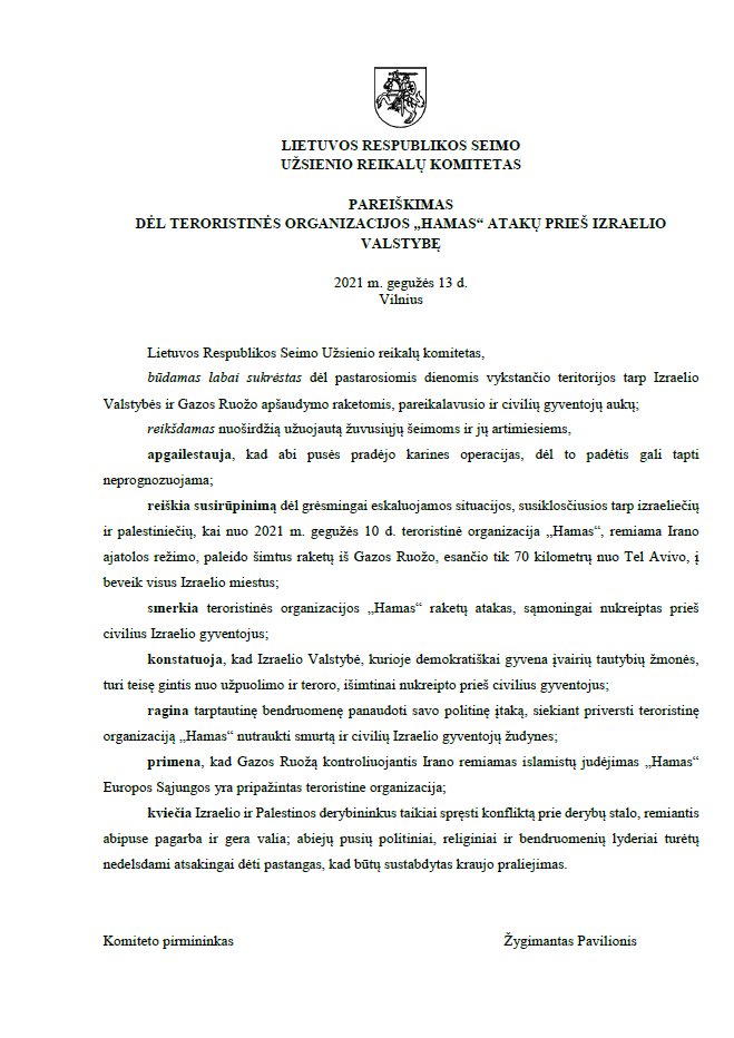 LR Seimo užsienio reikalų komiteto pareiškimas